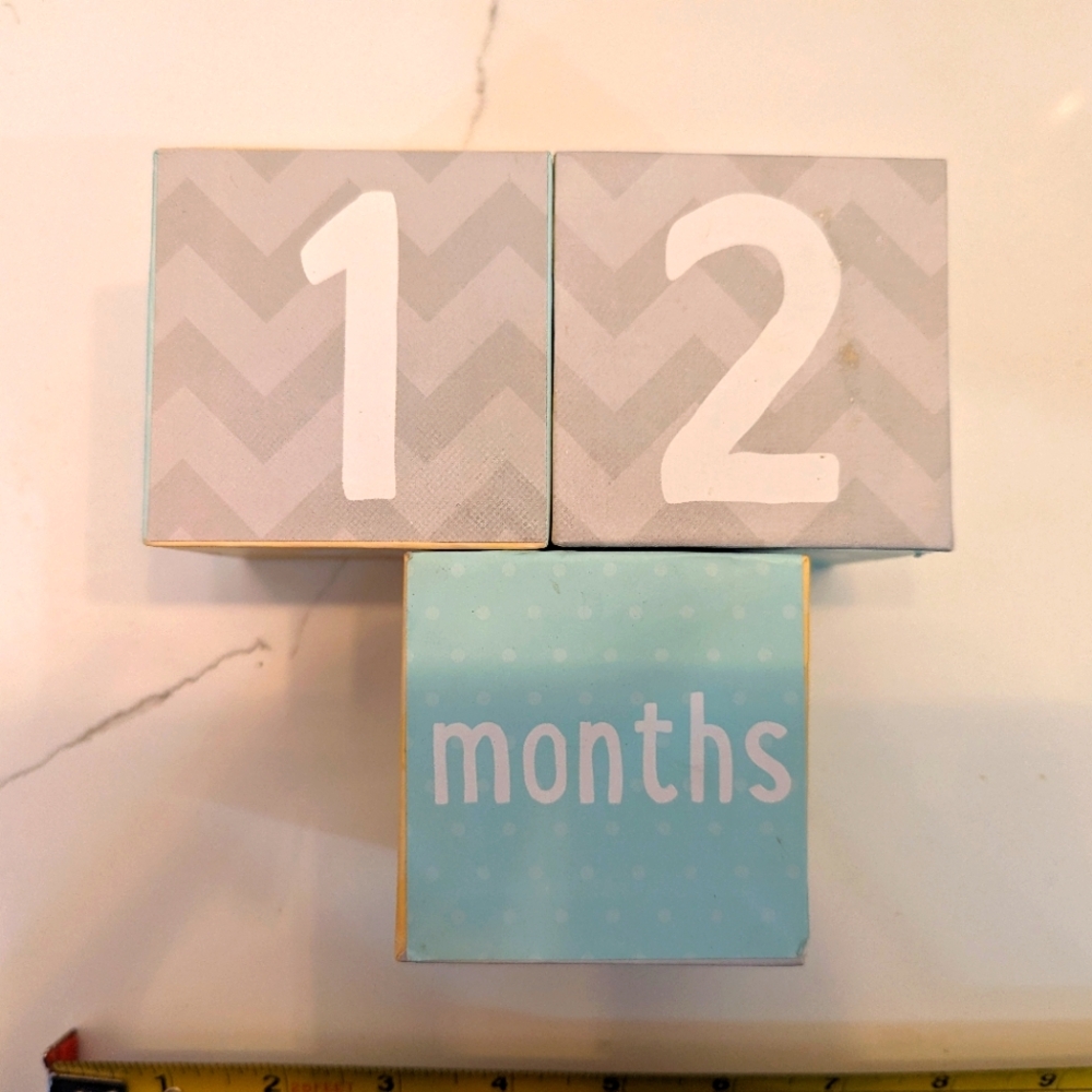 Baby milestone blocks. Age in days, weeks, months, year.